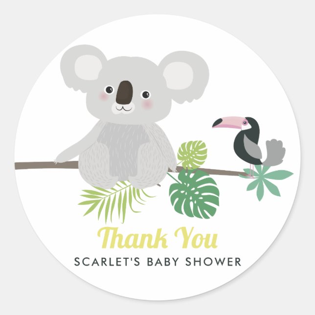 Aloha Koala & Toucan Babydusche Danke Sticker (Vorderseite)