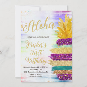 Aloha Lila Gold Rainbow Ananas Geburtstag Einladung