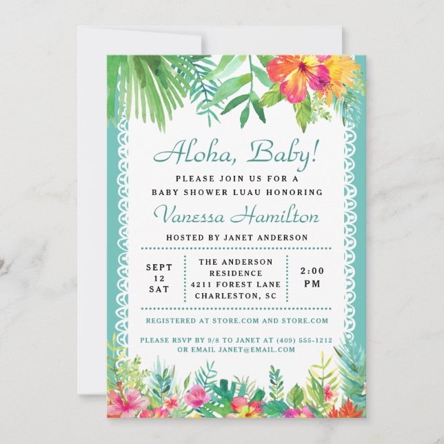 Aloha Luau Babydusche Tropische Einladung Aquamari (Vorderseite)