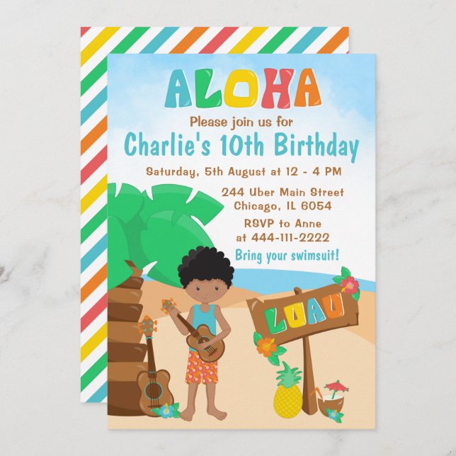 Aloha Luau Beach Birthday African American Boy Inv Einladung (Vorne/Hinten)