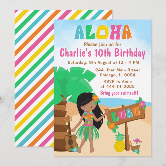 Aloha Luau Beach Birthday African American Girl In Einladung (Vorne/Hinten)