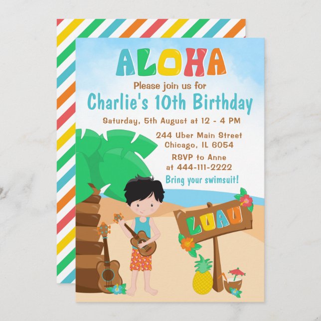 Aloha Luau Beach Birthday Black Hair Boy Einladung (Vorne/Hinten)