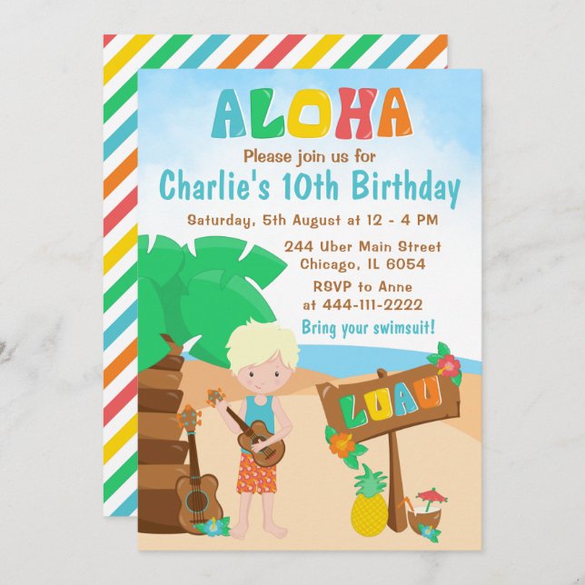 Aloha Luau Beach Birthday Blonde Hair Boy Invitati Einladung (Vorne/Hinten)