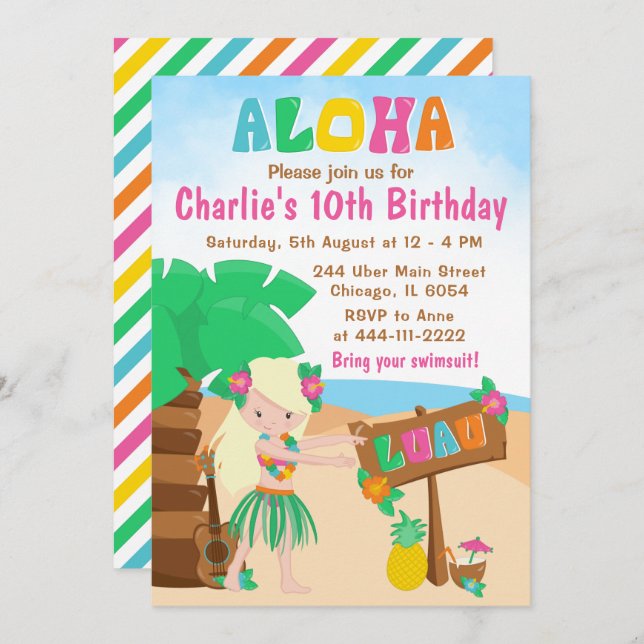 Aloha Luau Beach Birthday Blonde Hair Girl Invitat Einladung (Vorne/Hinten)