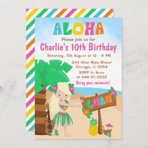 Aloha Luau Beach Birthday Blonde Hair Girl Invitat Einladung