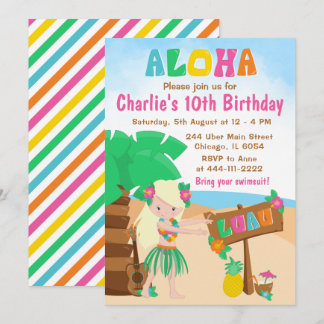 Aloha Luau Beach Birthday Blonde Hair Girl Invitat Einladung