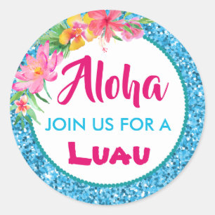 Aloha Luau Blau Glitter Tropischer Hibiskus Klassi Runder Aufkleber