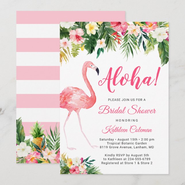 Aloha Luau Brautparty Tropical Floral Flamingo Einladung (Vorne/Hinten)