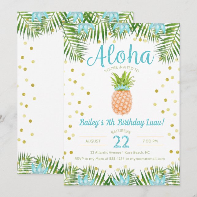 Aloha Luau Geburtstag Tropischer Ananas in Blau Einladung (Vorne/Hinten)