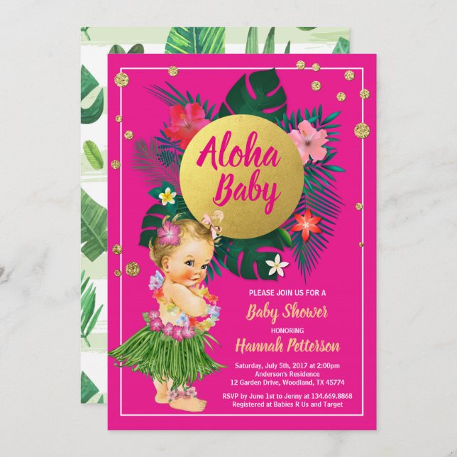 Aloha Luau Mädchen Dusche Einladung heiß rosa (Vorne/Hinten)