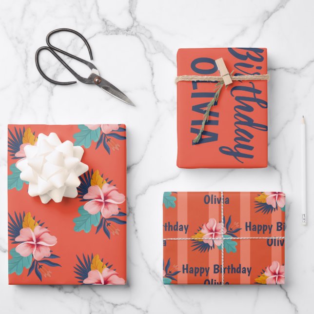Aloha Luau Personalisiert Name Girl Sommer Geburts Geschenkpapier Set (Vorderseite)