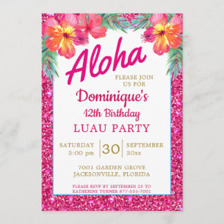 Aloha Luau Pink Glitzer Tropischer Hibiskus Einladung