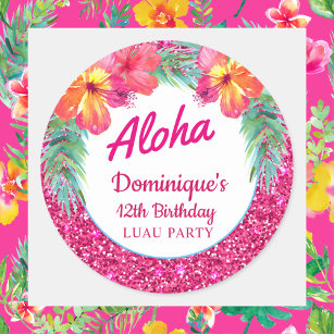 Aloha Luau Pink Glitzer Tropischer Hibiskus Runder Aufkleber