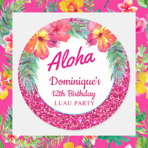 Aloha Luau Rosa Glitter Tropischer Hibiskus Runder Aufkleber