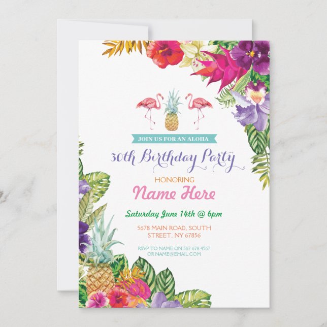 Aloha Luau Tropical Birthday Flamingo Party Einlad Einladung (Vorderseite)
