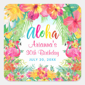 Aloha Luau Tropical Flamingo Birthday Quadratischer Aufkleber