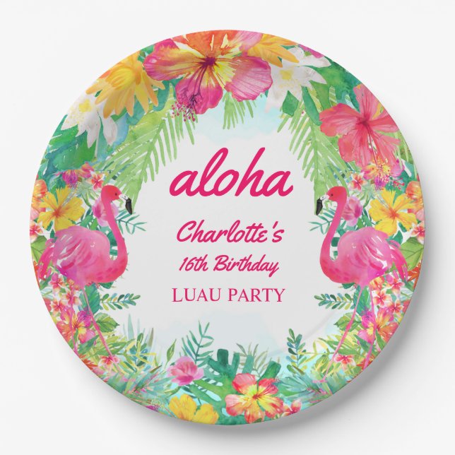 Aloha Luau Tropical Flamingo Geburtstagsparty Pappteller (Vorderseite)