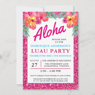 Aloha Luau Tropical Hawaiian Pink Glitzer Einladung