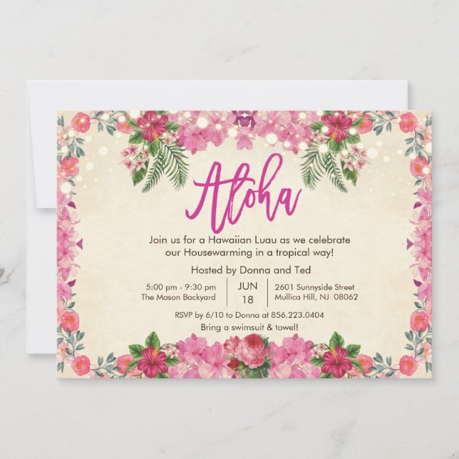 Aloha Luau Tropical Housewarming Party Einladung (Vorderseite)