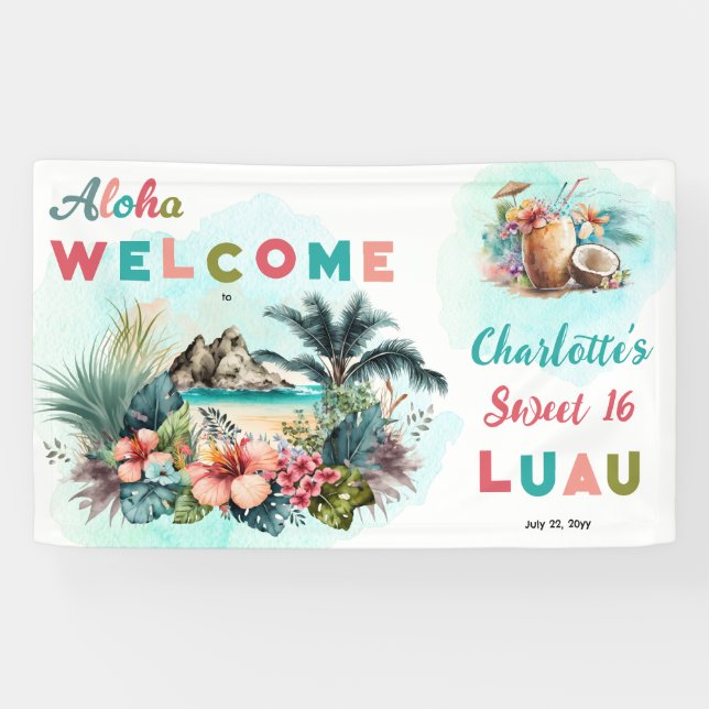 Aloha Luau Tropical Island Beach Sweet 16 Party Banner (Horizontal)