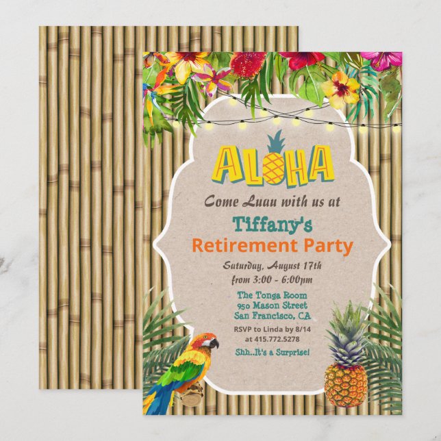 Aloha Luau Tropical Retirement Party Einladung (Vorne/Hinten)