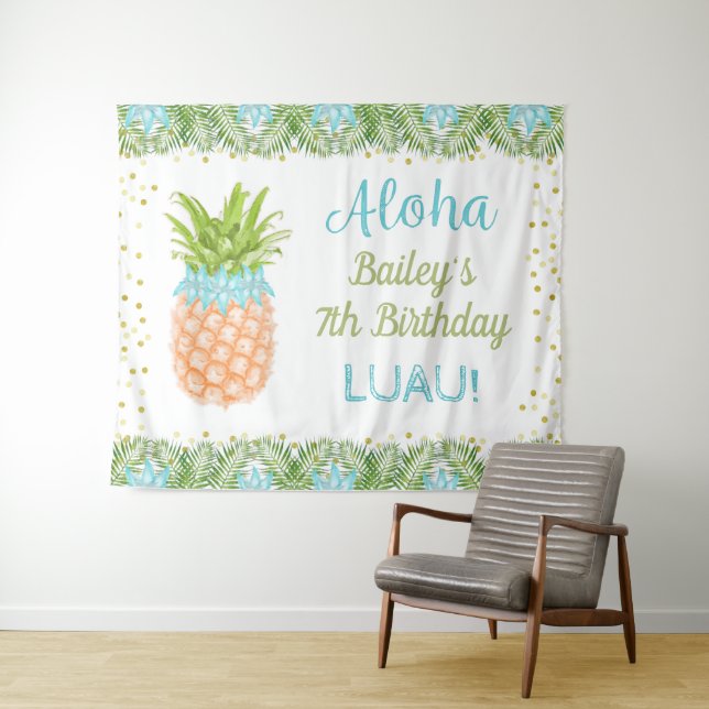 Aloha Luau Tropische Ananas Geburtstagsgrundierung Wandteppich (Beispiel (Horizontal))