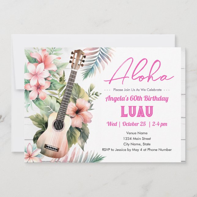 Aloha Luau ukulele 60. Geburtstag Einladung (Vorderseite)