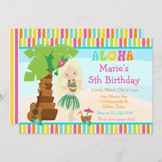 Aloha Niedlich Blonde Girl Geburtstagsparty Einladung (Vorne/Hinten)
