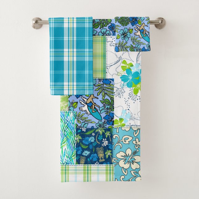Aloha Patchwork Hawaiian Tropical Prints - Aquamar Badhandtuch Set (Insitu)