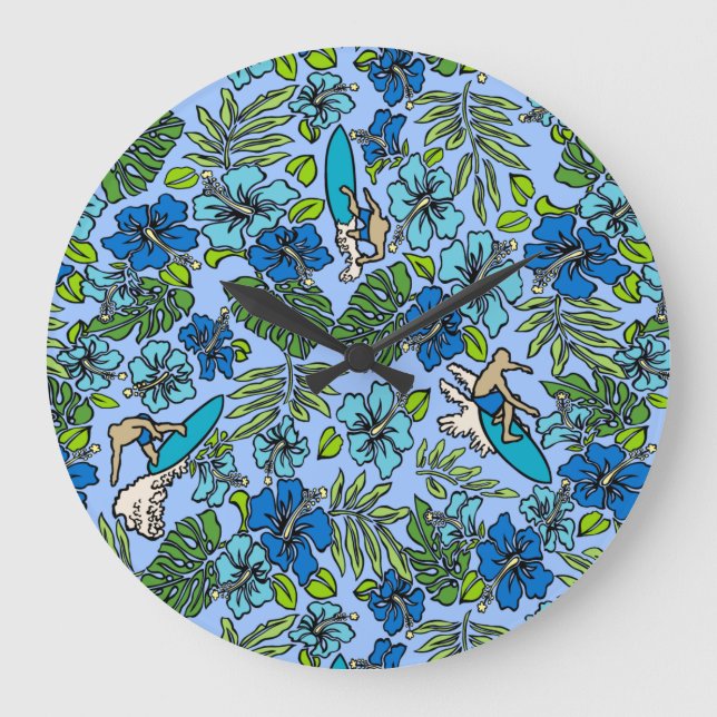 Aloha Patchwork Hawaiian Tropical Prints - Aquamar Große Wanduhr (Vorderseite)