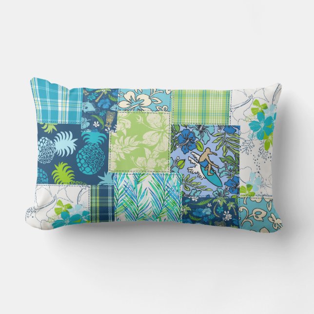 Aloha Patchwork Hawaiian Tropical Prints - Aquamar Kissen Für Draußen (Vorderseite)