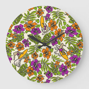 Aloha Patchwork Hawaiian Tropical Prints- Violet Große Wanduhr