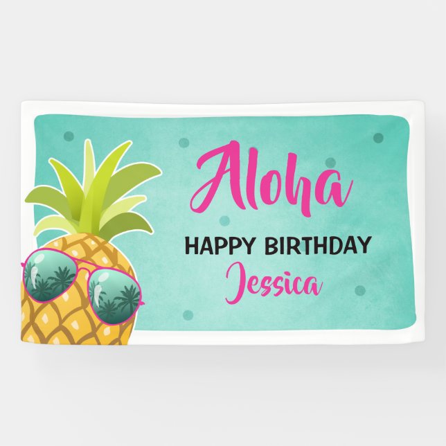 Aloha Pineapa Geburtstagsbanner Tropical Luau Girl Banner (Horizontal)