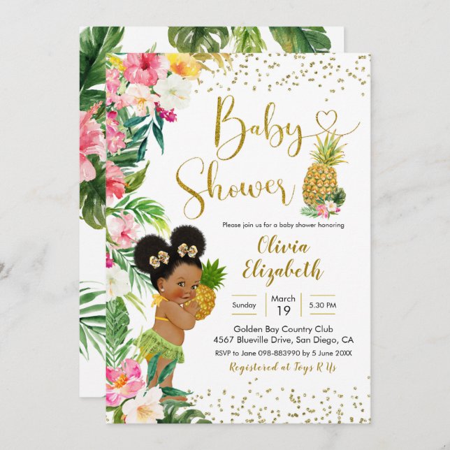 Aloha Pineaple African Afro Girl Baby Shower Einladung (Vorne/Hinten)