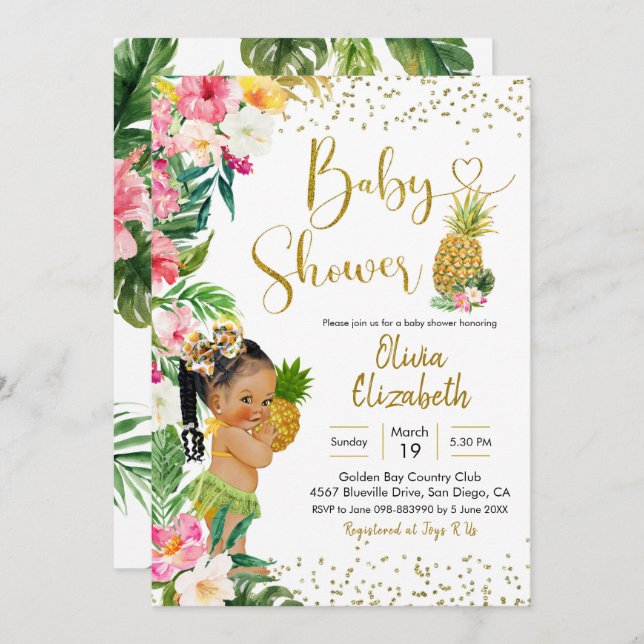 Aloha Pineaple African Girl Baby Shower Einladung (Vorne/Hinten)