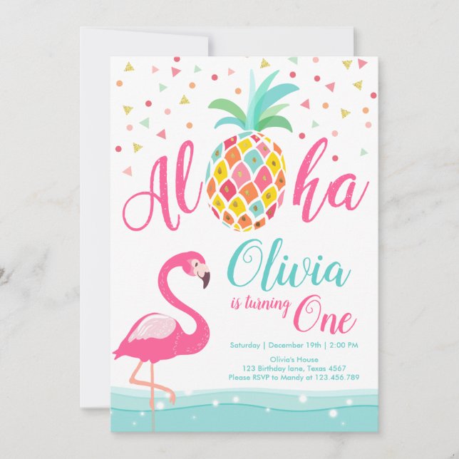 Aloha Pineaple Flamingo Geburtstag Einladung Pink (Vorderseite)