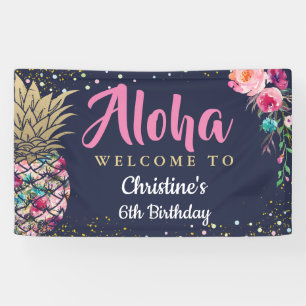 Aloha Pink Gold Ananas Navy Blue Birthday Party Banner