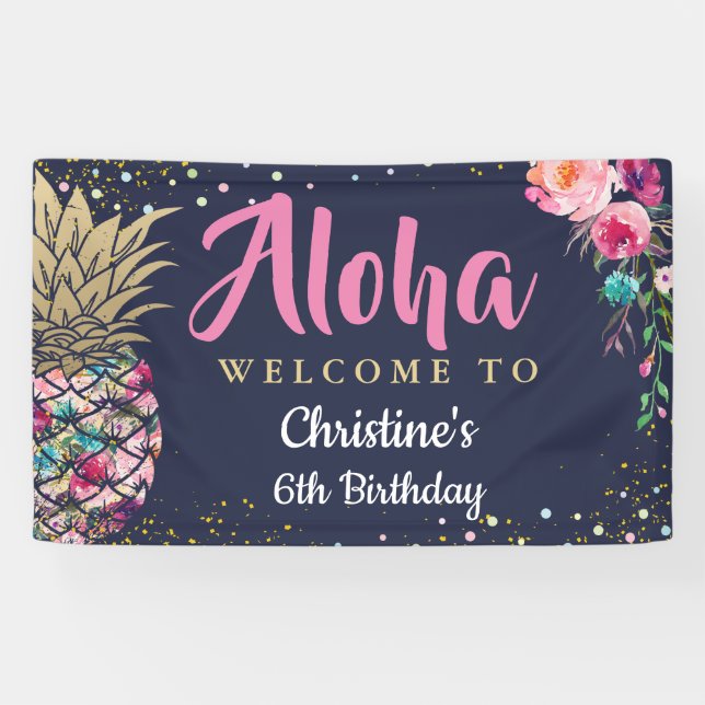 Aloha Pink Gold Ananas Navy Blue Birthday Party Banner (Horizontal)