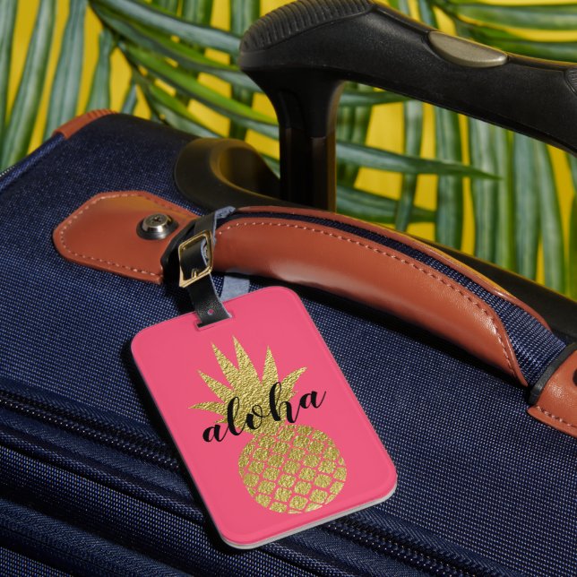 Aloha Pink Gold Ananas Tropischer Urlaub Gepäckanhänger (Vorderseite Insitu 1)