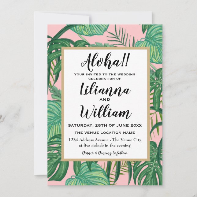 Aloha Pink Hawaiian Tropical Blätter Beach Wedding Einladung (Vorderseite)