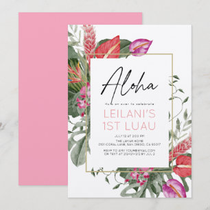 Aloha Pink & Red Tropische Blumen Mädchen 1. Gebur Einladung