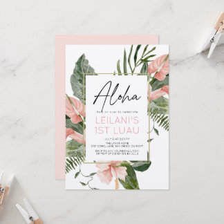 Aloha Pinke Tropische Blumen Mädchen 1. Geburtstag Einladung