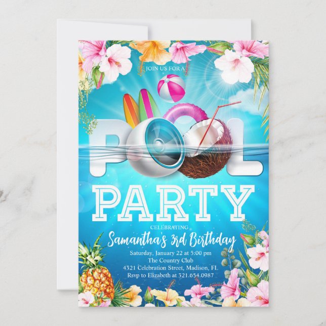 Aloha Pool Party Geburtstag Einladung (Vorderseite)