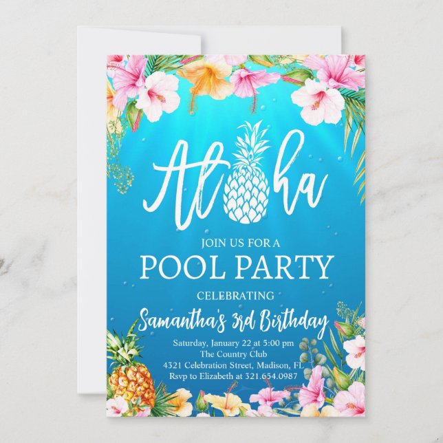 Aloha Pool Party Geburtstag Einladung (Vorderseite)