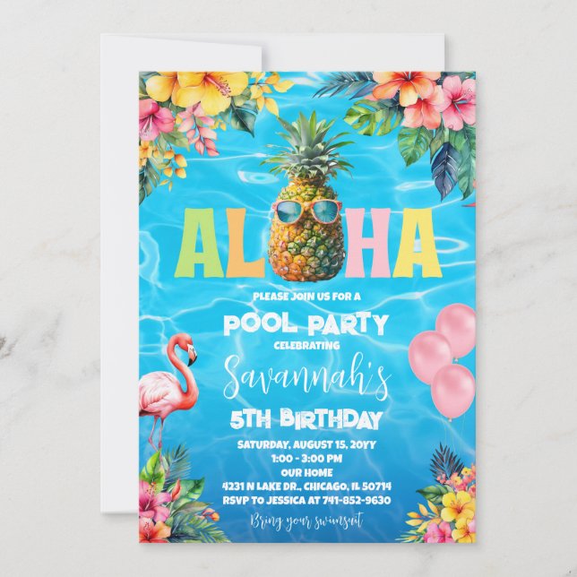 Aloha Pool Party Geburtstag Einladung (Vorderseite)