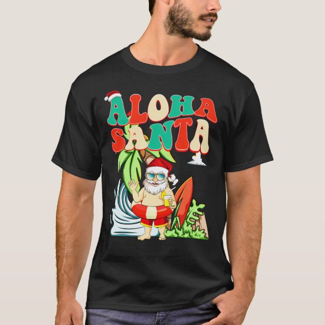 Aloha Santa Surfing Santa im Juli T-Shirt (Vorderseite)