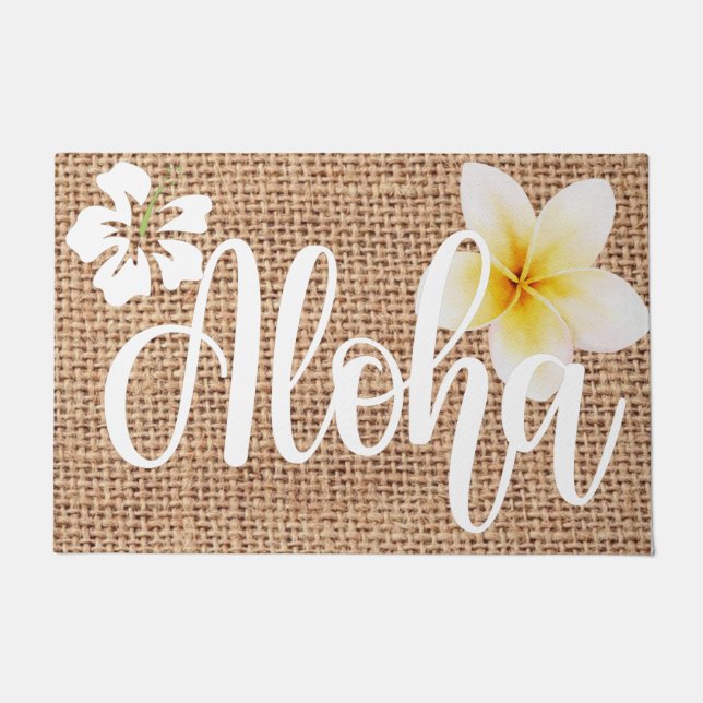 Aloha schöne Blüte auf Burlap Hawaii Sommer Fußmatte (Vorderseite)