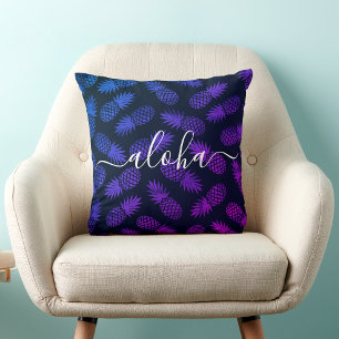 Aloha Script Lila Blue Pineappel Pattern Hawaii Kissen