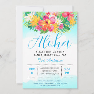 Aloha Script Tropical Birthday Luau Blue Einladung