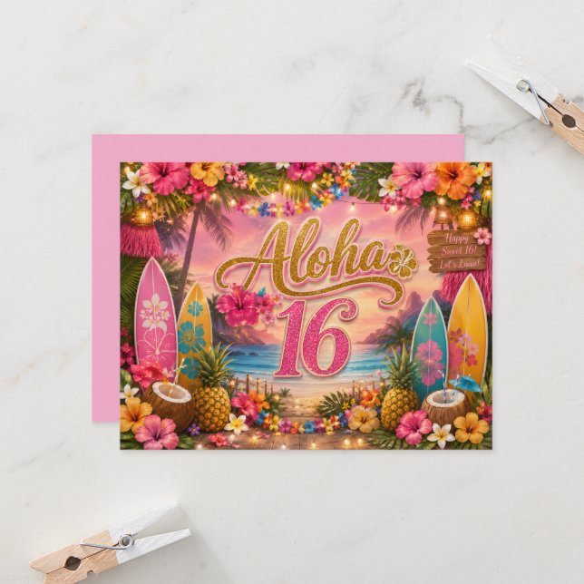 Aloha Sweet 16 Geburtstag Einladung (Vorderseite/Rückseite Beispiel)